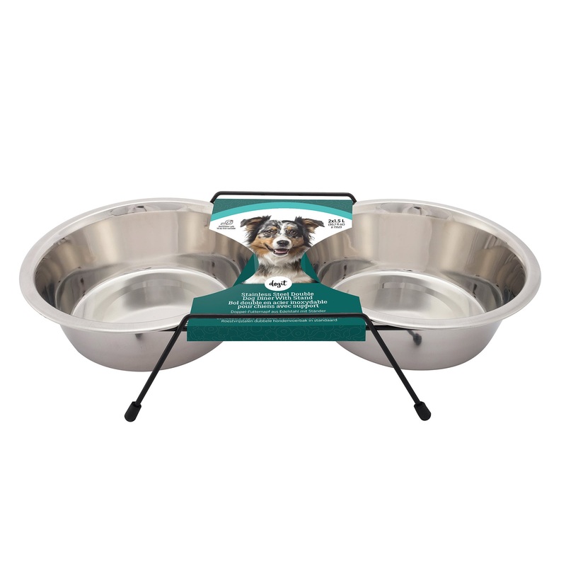 Dogit Stainless Steel Double Dog Diner - Large - 2 x 1.5L Bowls and Stand