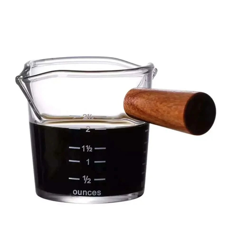 Dual Spout Espresso Measuring Cup -Wooden Handle